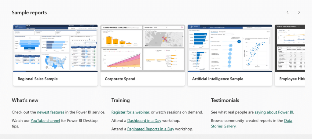 Some sample reports available in the Power BI service.