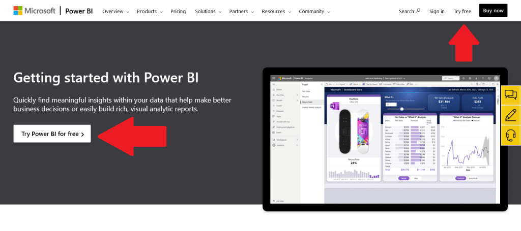 How to download the free version of Power BI on the Microsoft website.