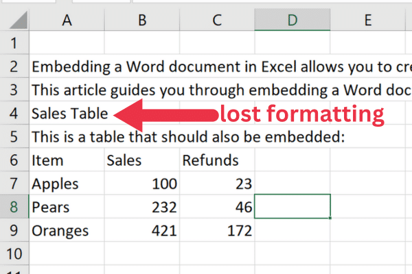 Word contents copy-and-pasted into excel with lost formatting