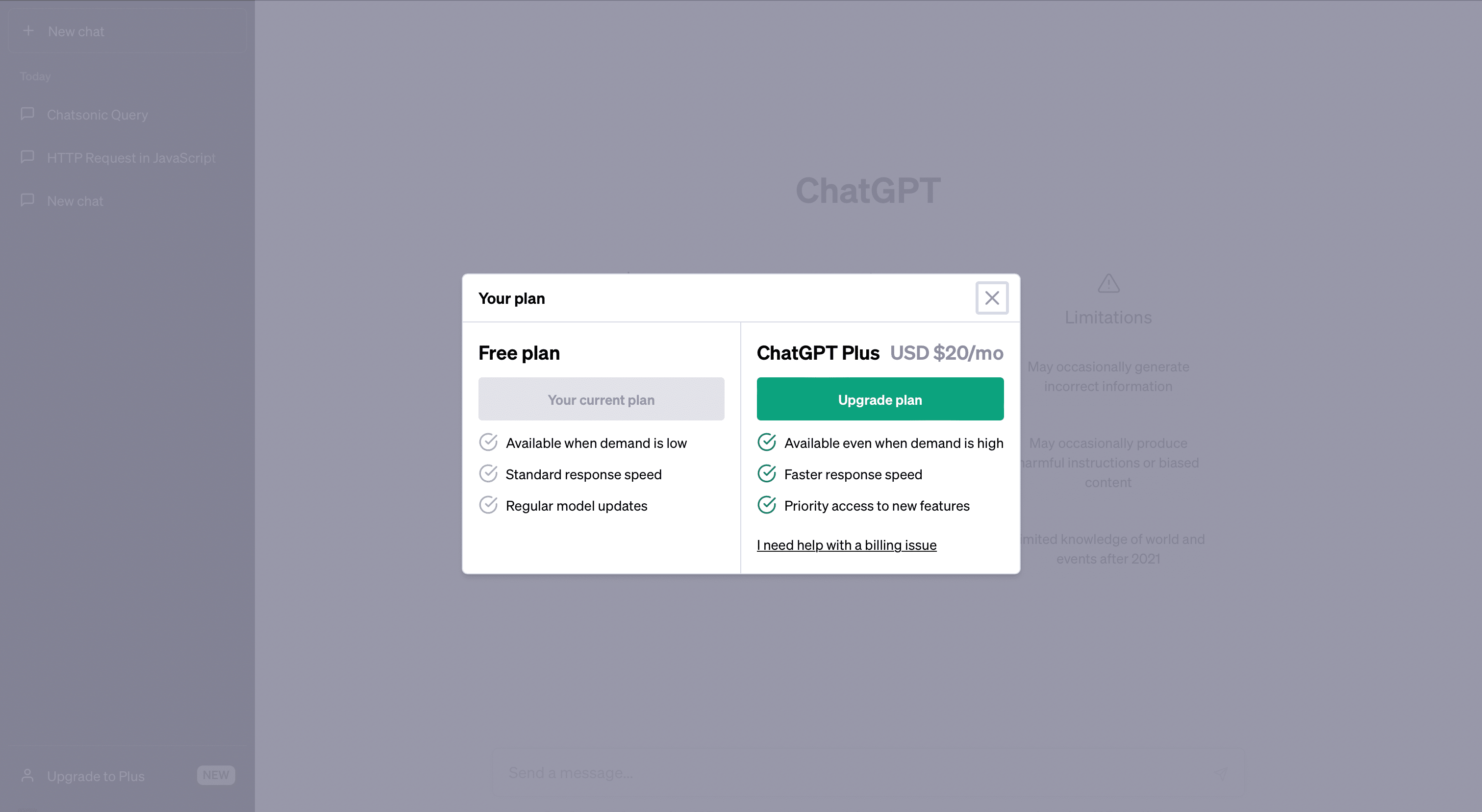 ChatGPT plan pop-up