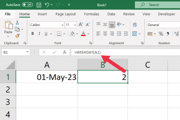 The weekday function operating on cell A1 in Microsoft Excel