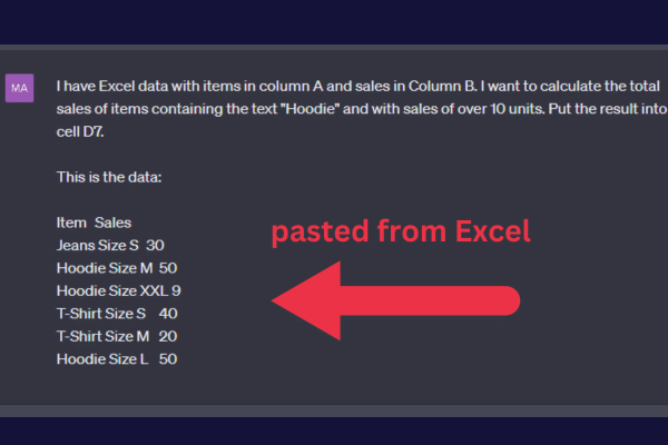 tabular data pasted from excel into chat gpt