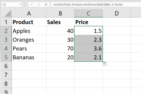 Spreadsheet showing the formula copied down to all rows