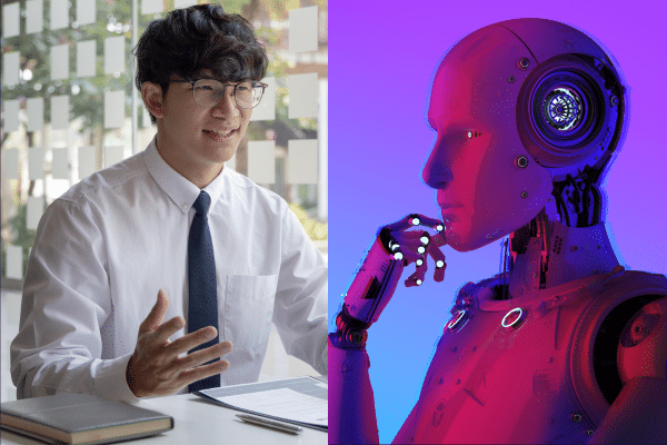 illustration of interview between human and ai robot