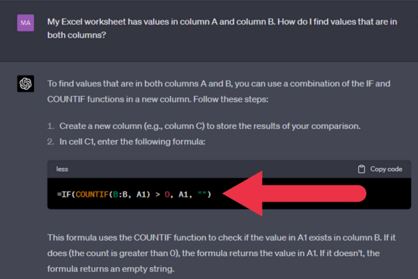 chatGPT output that includes a formula using columns in the question provided