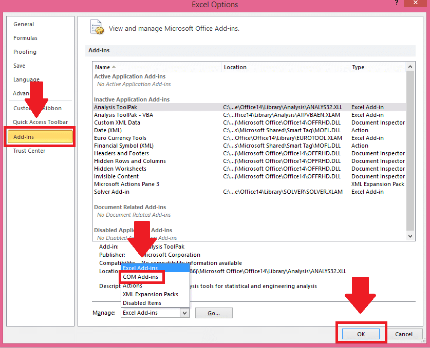 Go to Com add-ins to activate Power Query in Excel 2010 or 2013