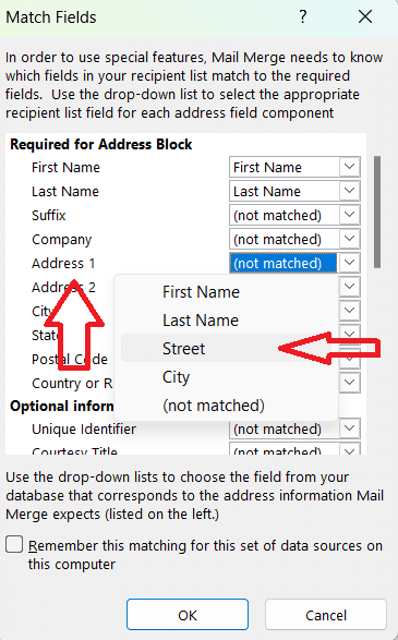 Matching fields for mail merge using data from Microsoft Excel