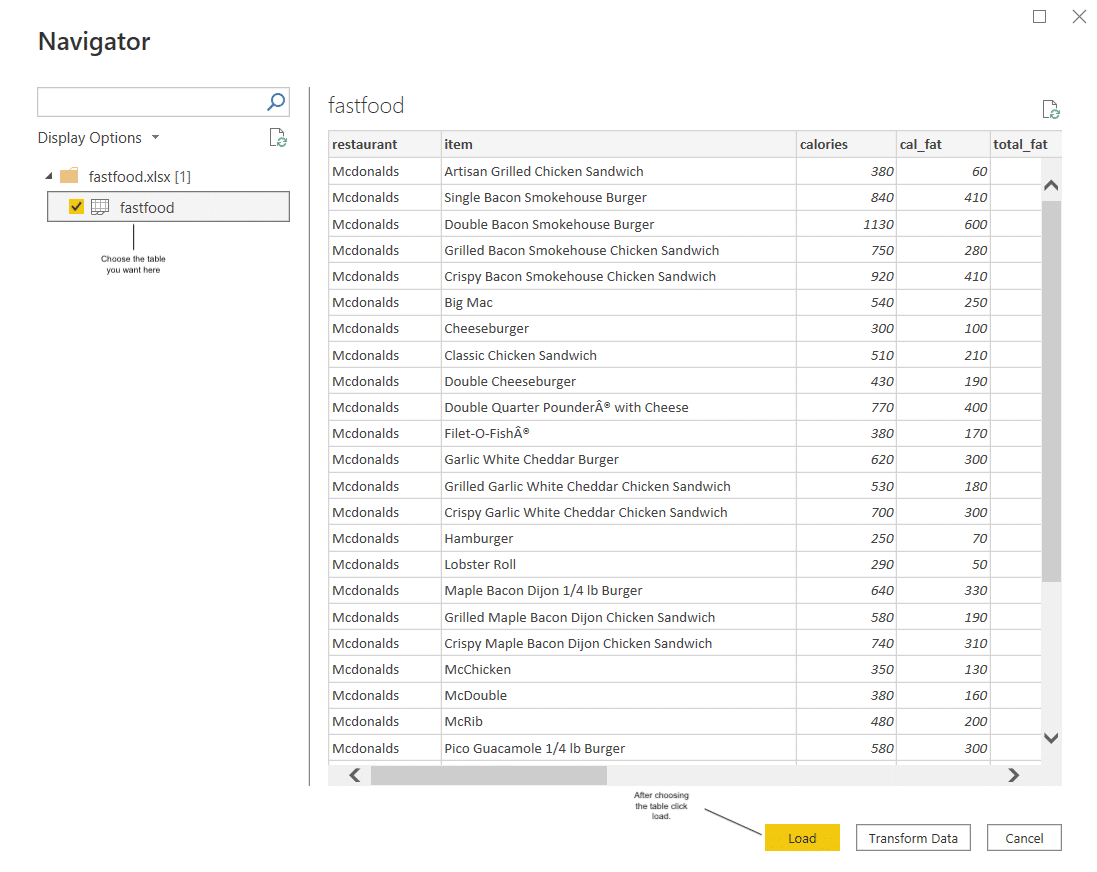 Transform the table or range you want to export before loading it onto Power BI