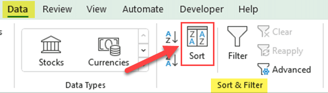 Excel Sort button in the Data tab