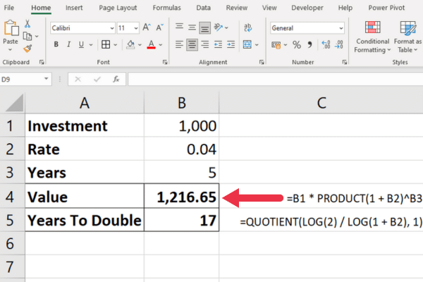 Product and quotient functions in an excel spreadsheet