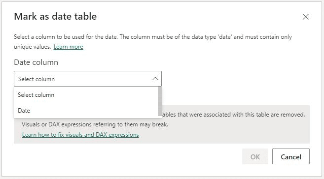 Selecting marks date table columns in Power BI