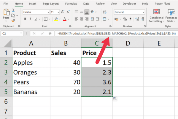 Excel spreadsheet showing use of index and match function