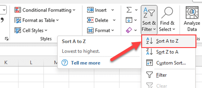 Sort A to Z option in the Home tab