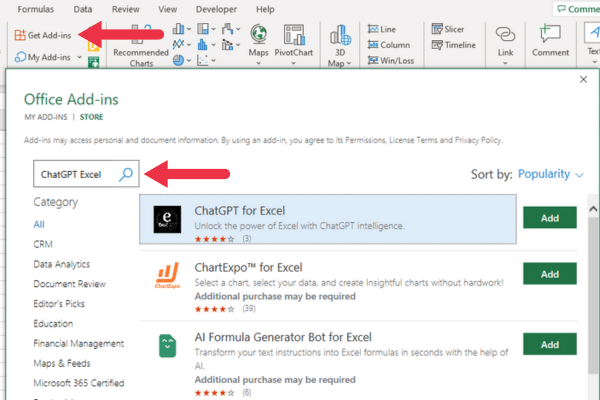 Office add-ins list when searching for ChatGPT Excel
