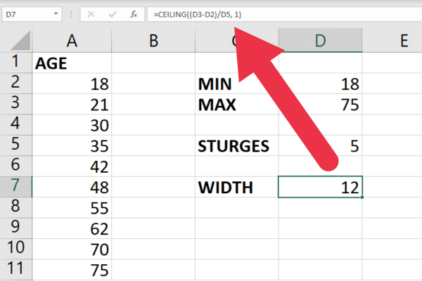 Class width formula in excel spreadsheet