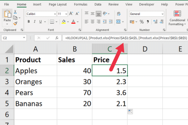 Excel spreadsheet showing xlookup function