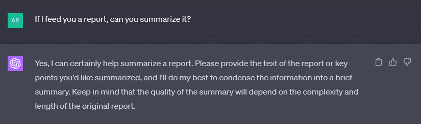 ChatGPT can summarize the test of a report and give you the key points