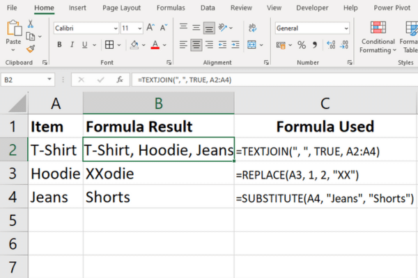 text join, replace, and substitute functions in excel spreadsheet