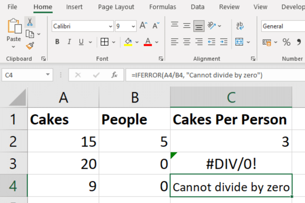 Excel file showing the raw error in the third row and the IFERROR function in the fourth row