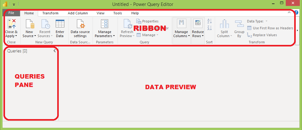 The ribbon, queries pane, and data preview of the Power Query Editor