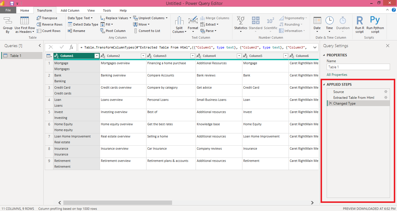 The Applied Steps pane is to the right side of the Power Query Editor