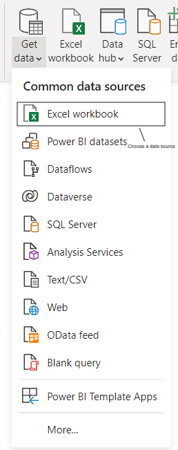 Choose Excel workbook as your data source in Power BI.