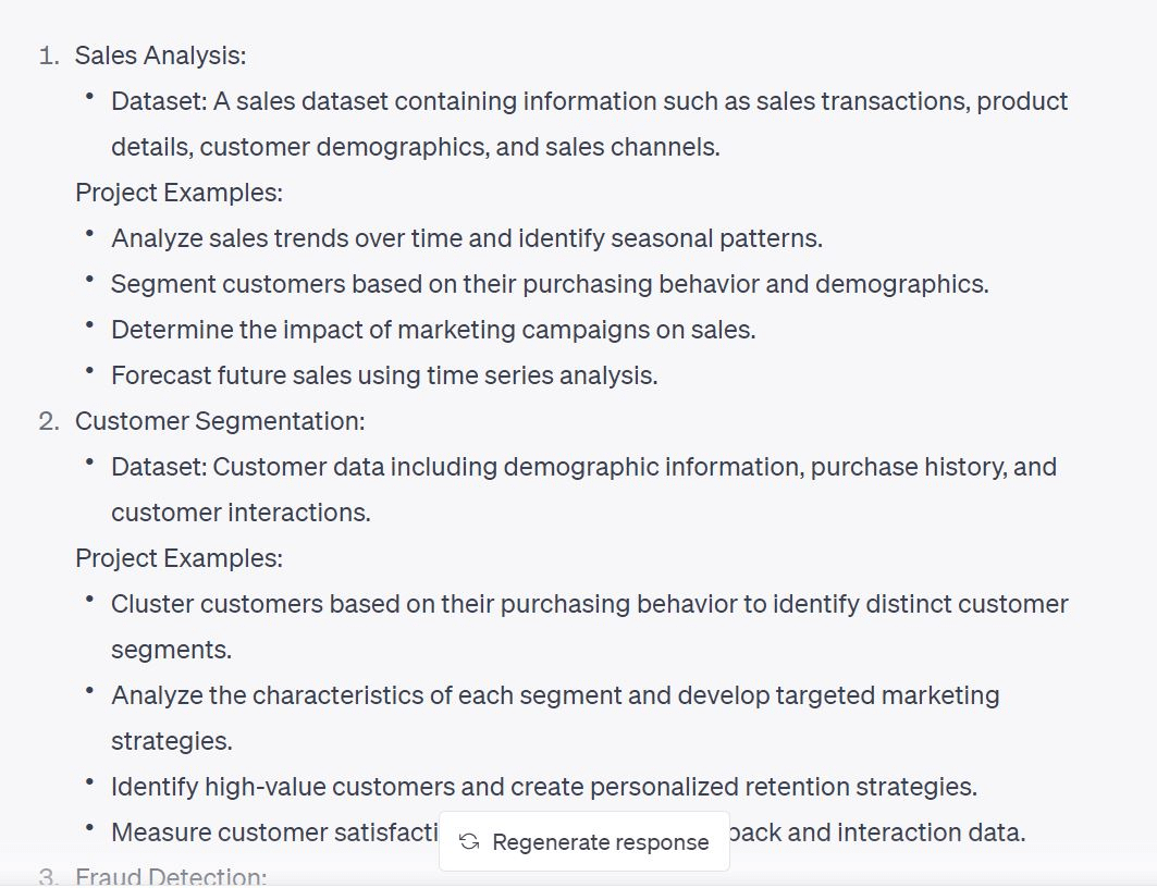 ChatGPT giving recommendations for Data Analysis projects