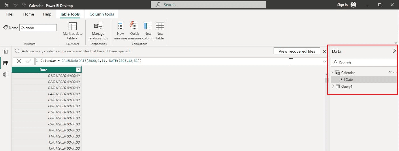 Fields pane of a Power BI calendar table