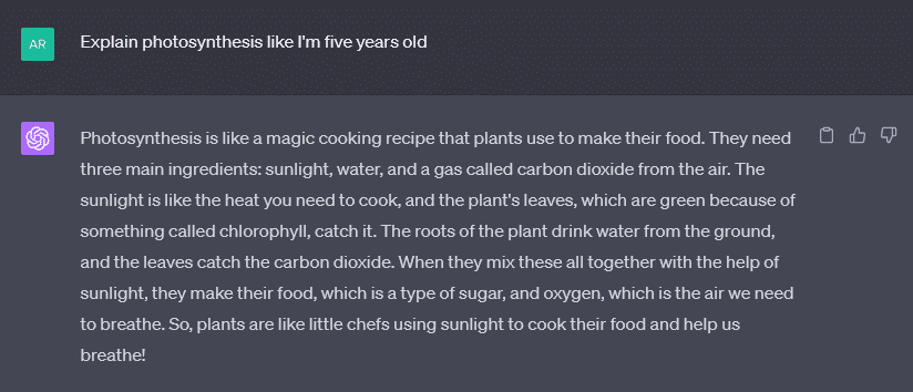 ChatGPT explaining photosynthesis