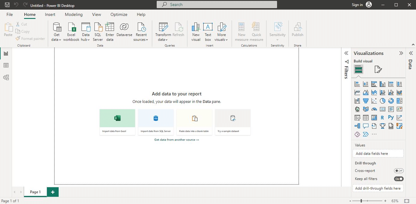 Power BI Desktop welcome screen