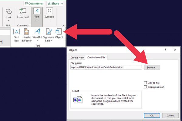 Insert word using create from file dialog box in Microsoft Excel