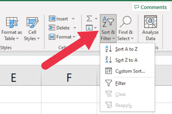 Sort and filter command in the Home tab of Excel