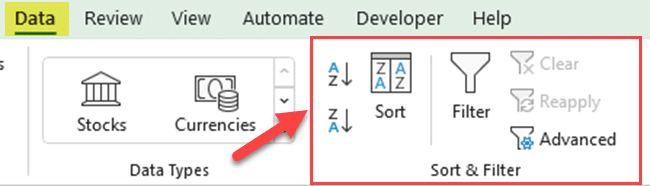 Sort & Filter Group in the Data tab of the Microsoft Excel
