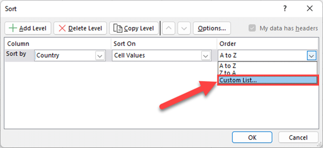 Creating custom list to sort in Excel