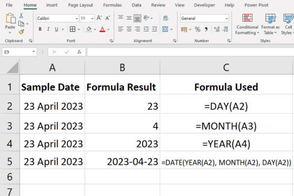 day, month, and year functions in an excel spreadsheet