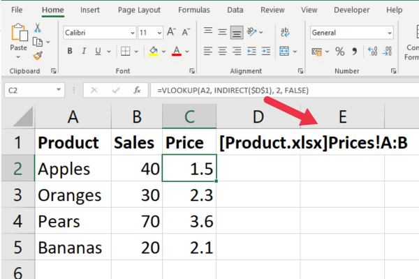 spreadsheet showing use of the indirect function with a cell containing the reference