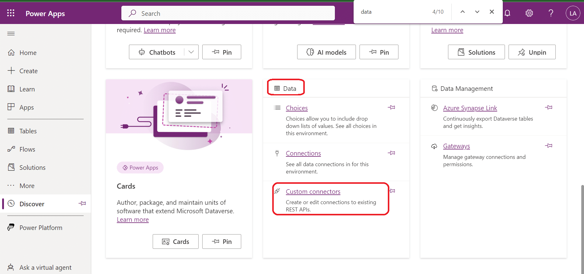 The custom connectors option in Power BI