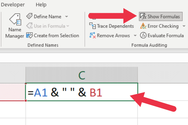 Toggle the show formulas button in the formula auditing group in the formulas tab