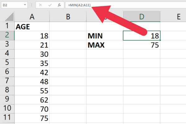 Formula using min function in excel spreadsheet