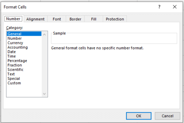 The format cells dialog box with number tab open in Excel