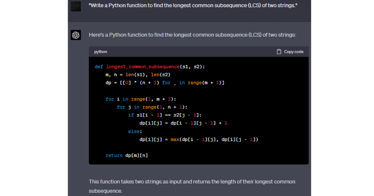 Asking ChatGPT to Write Longest Common Subsequence (LCS) Algorithm