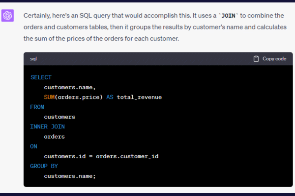 ouput from chatgpt prompt that produces a sql query