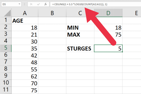 Formula for sturges rule in excel