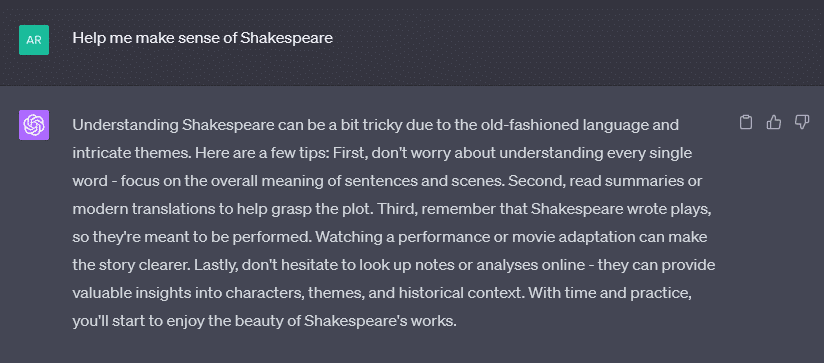 ChatGPT explaining Shakespeare