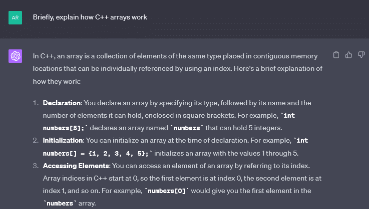 ChatGPT explaining how C++ arrays work