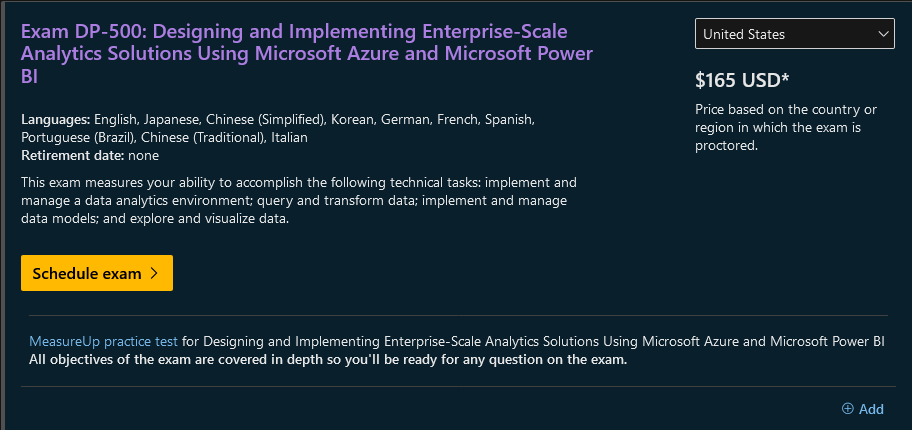 Microsoft DP-500 cost and scheduling on Microsoft Learn
