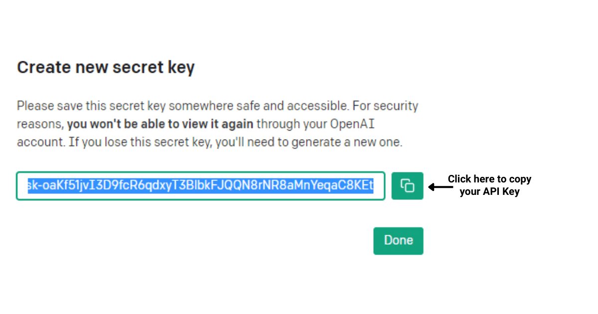 Copying the generated API key and save it somewhere secure