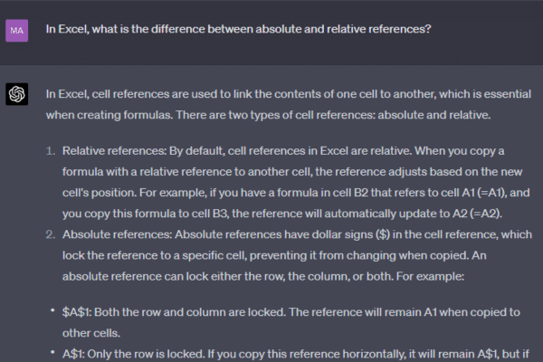 asking ChatGPT a question about absolute and relative references