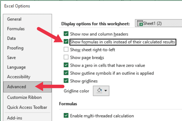 File options to show formulas in cells for an Excel worksheet