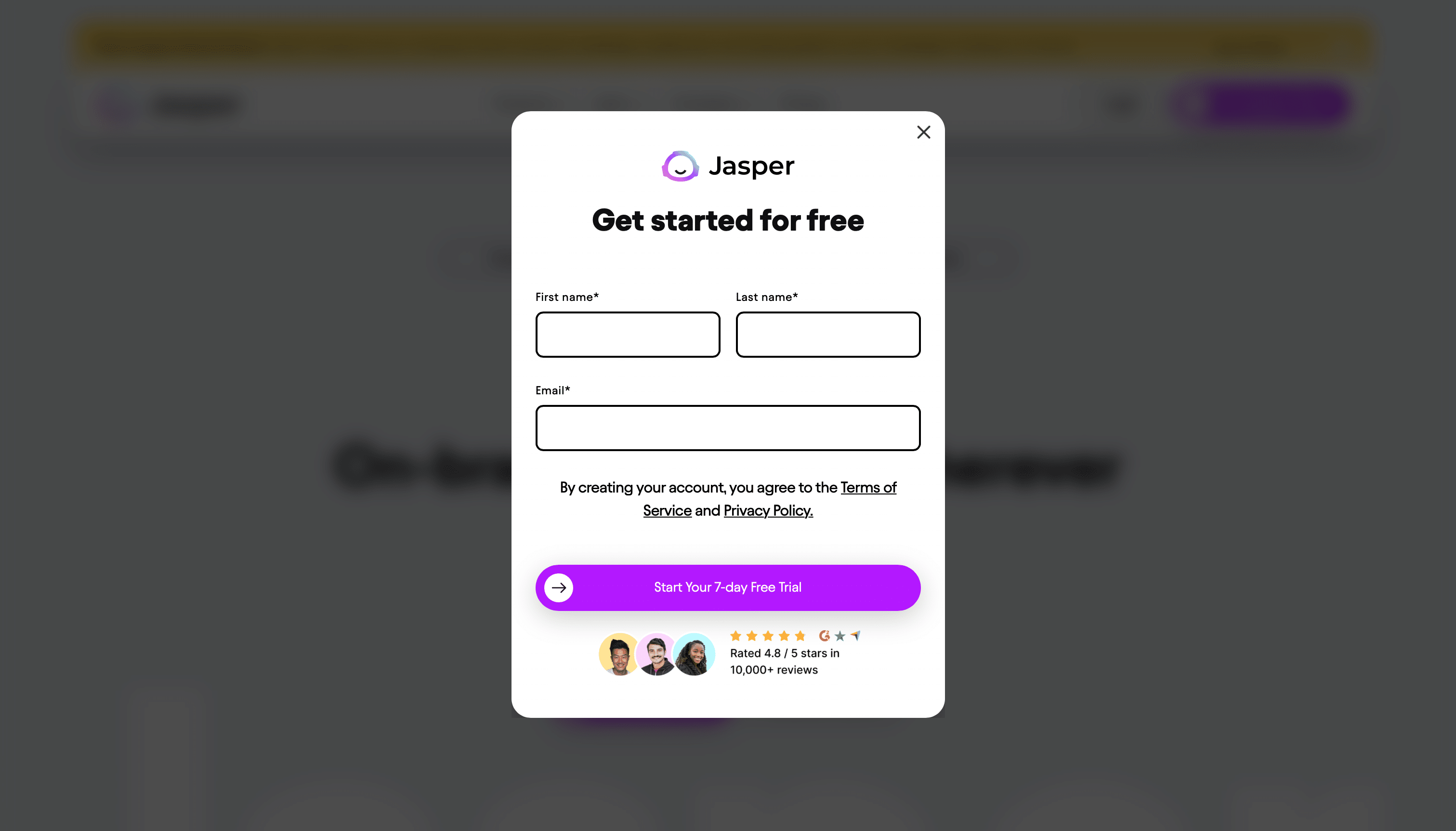 Jasper sign up pop-up